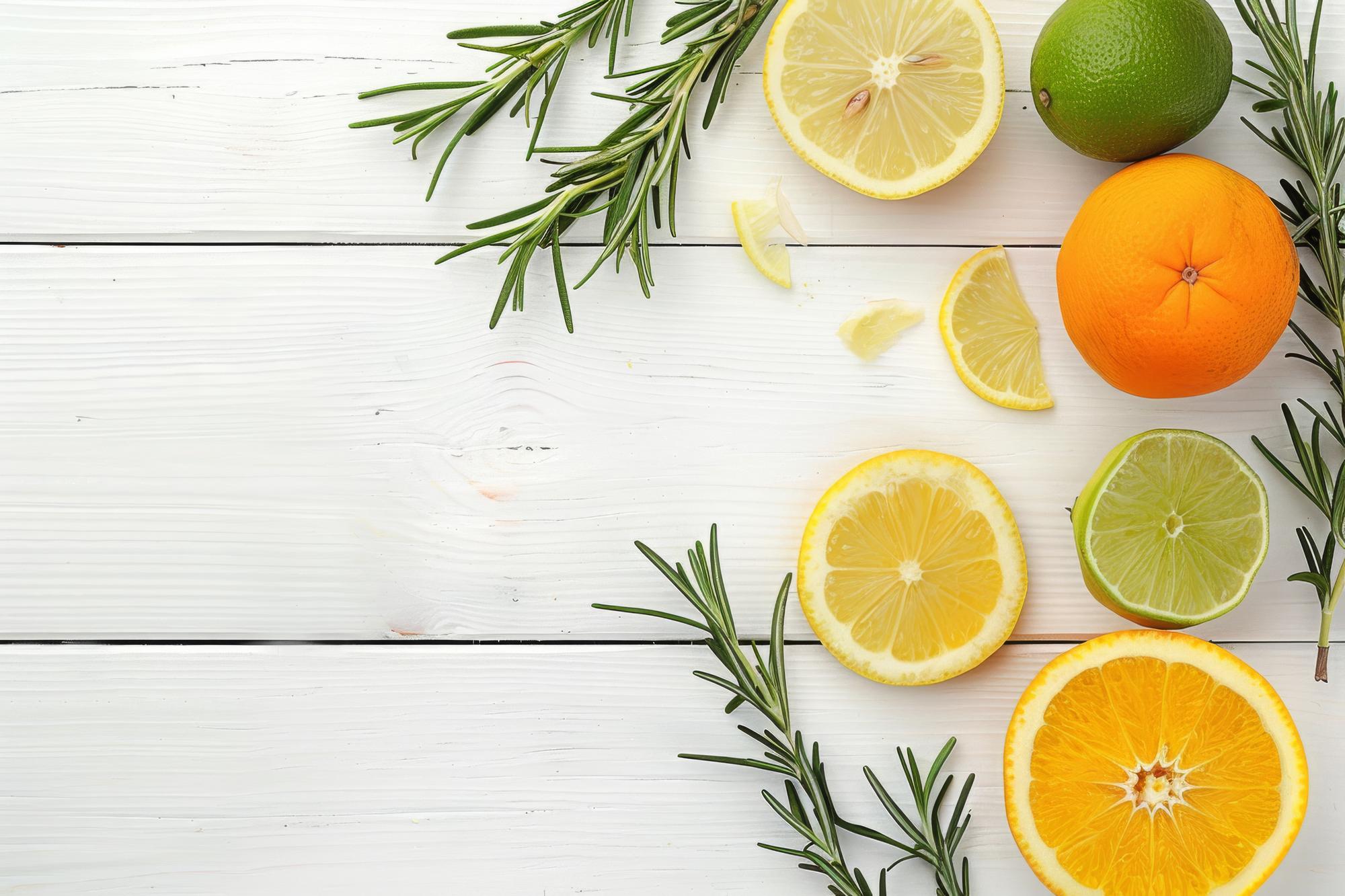 Ingredients flatlay with herbs and citrus
